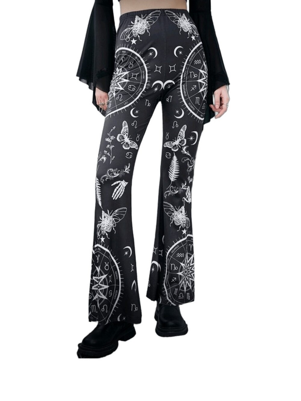 ROMWE Black Astrological Print Flare Pants